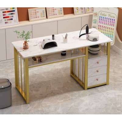 Table de manucure marbre blanc & structure dorée – Élégance et fonctionnalité