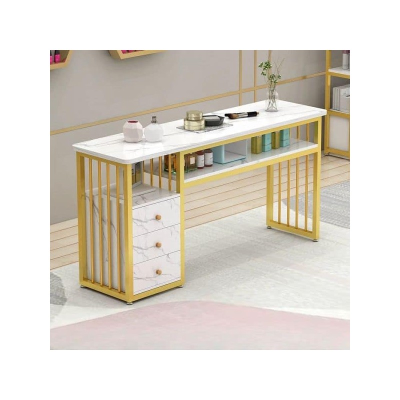 Table de manucure marbre blanc & structure dorée – Élégance et fonctionnalité