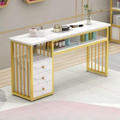Table de manucure marbre blanc & structure dorée – Élégance et fonctionnalité