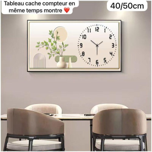 Tableau décoratif cache-compteur mural avec horloge intégrée – Design moderne et pratique 2