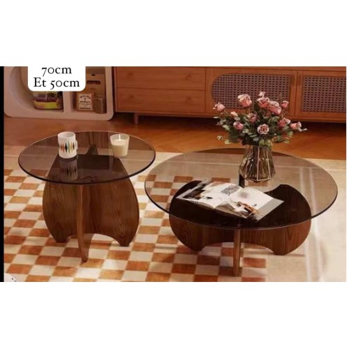 Ensemble de deux tables basses gigognes rondes – Verre trempé et bois moderne