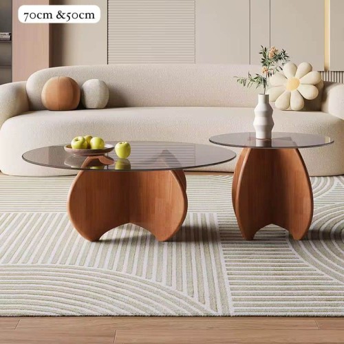 Ensemble de deux tables basses gigognes rondes – Verre trempé et bois moderne 2