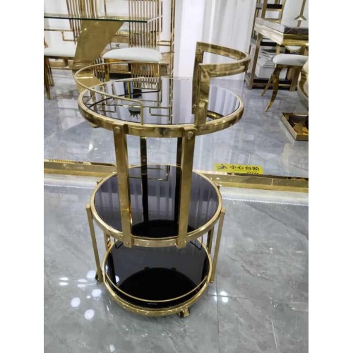 Chariot de service moderne en métal doré et verre trempé noir – Desserte de bar élégante à roulettes