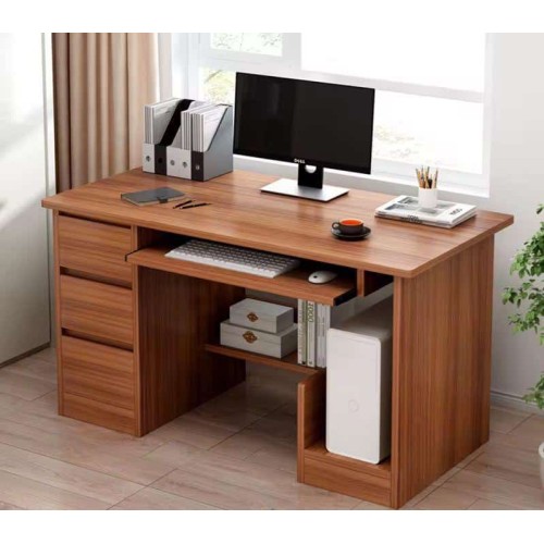 Bureau en bois noyer foncé avec tiroirs, plateau clavier et espace PC