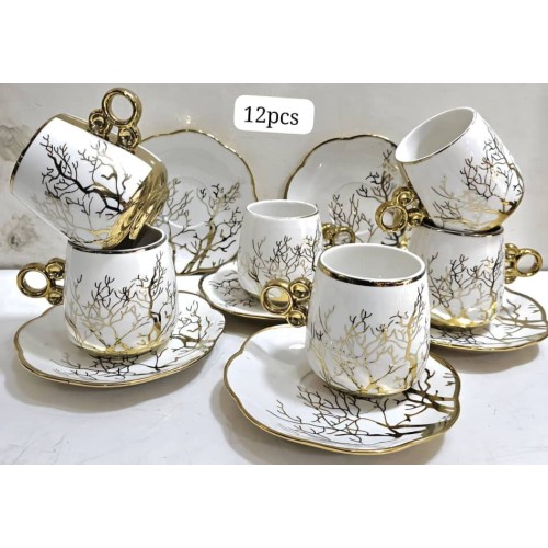 Service à Café 12 Pièces Porcelaine Blanche – Motif Doré & Poignées Dorées 2