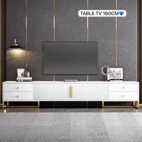 Meuble TV moderne blanc 160 cm avec accents dorés 2