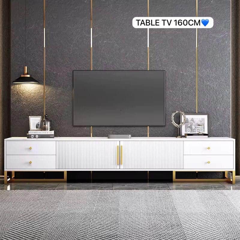Meuble TV moderne blanc 160 cm avec accents dorés