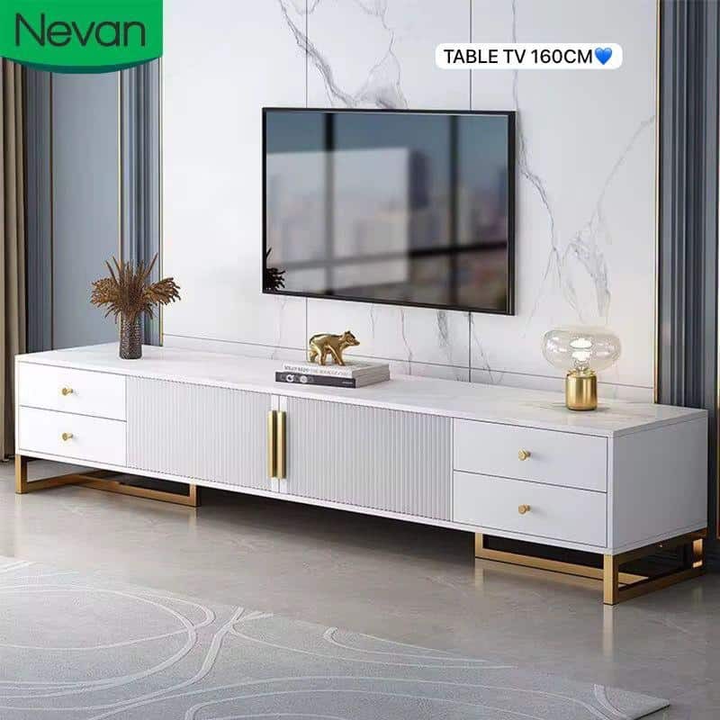 Meuble TV moderne blanc 160 cm avec accents dorés
