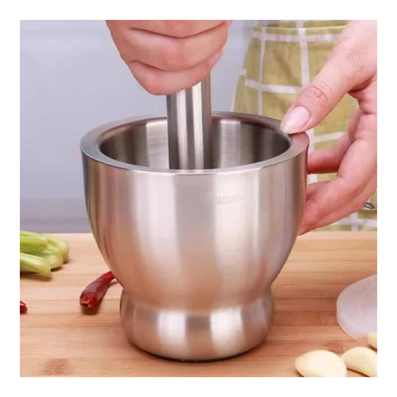 Mortier & Pilon Inox Alimentaire 304 – Pour Épices, Herbes, Gousses d’Ail et Pilules