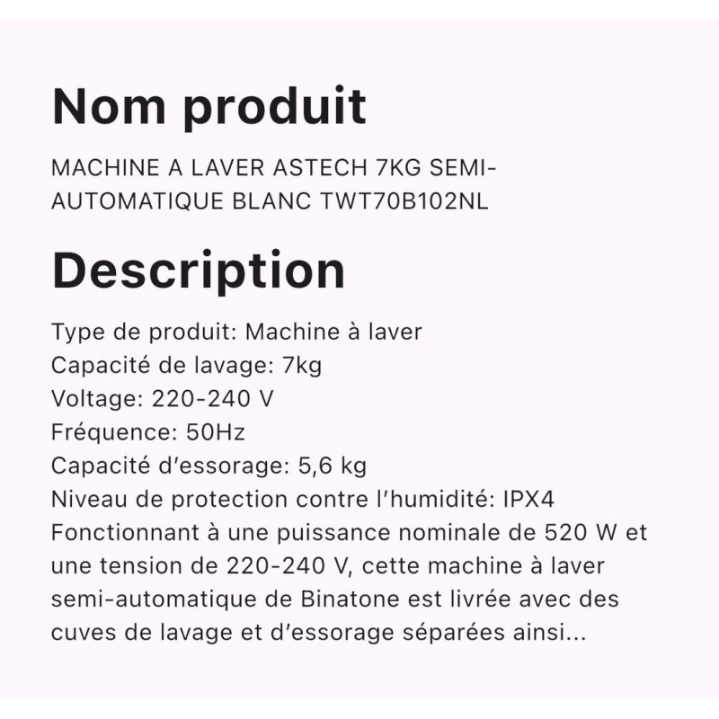 Machine à Laver Semi-Automatique 7 kg –  Essorage 5,6 kg,