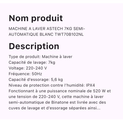 Machine à Laver Semi-Automatique 7 kg –  Essorage 5,6 kg,