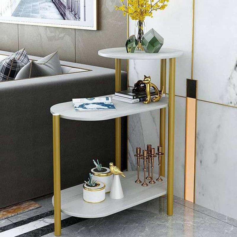 Table d’appoint moderne 3 niveaux en imitation marbre blanc et métal doré