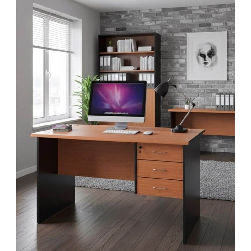 Bureau professionnel d’angle en bois et mélamine avec caisson 3 tiroirs