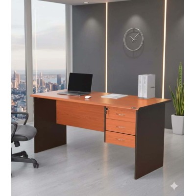 Bureau professionnel d’angle en bois et mélamine avec caisson 3 tiroirs