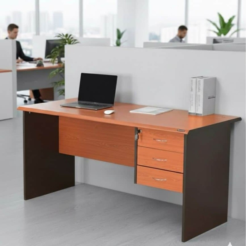 Bureau professionnel d’angle en bois et mélamine avec caisson 3 tiroirs