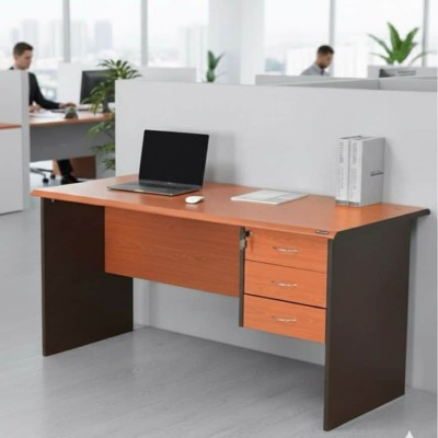 Bureau professionnel d’angle en bois et mélamine avec caisson 3 tiroirs