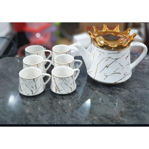 Service à café 7 pièces en porcelaine effet marbre blanc et or – Couvercle couronne