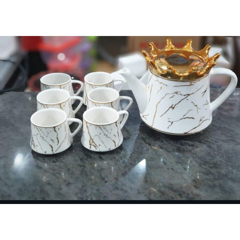 Service à café 7 pièces en porcelaine effet marbre blanc et or – Couvercle couronne