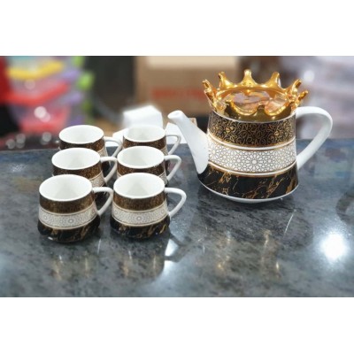 Service à café 7 pièces en porcelaine effet marbre blanc et or – Couvercle couronne