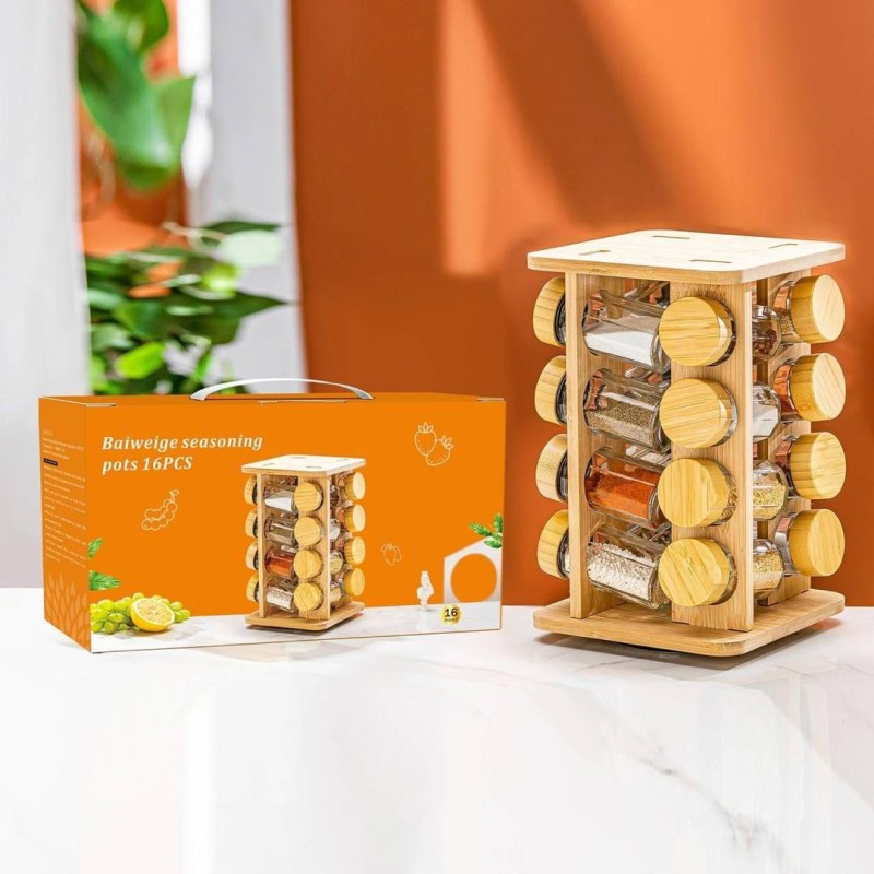 Support à Épices Rotatif en Bambou avec 16 Pots en Verre – Base Pivotante 360°