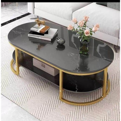 Table Basse Design Luxe Ovale – Effet Marbre Noir, Métal Doré et Rangement Intégré