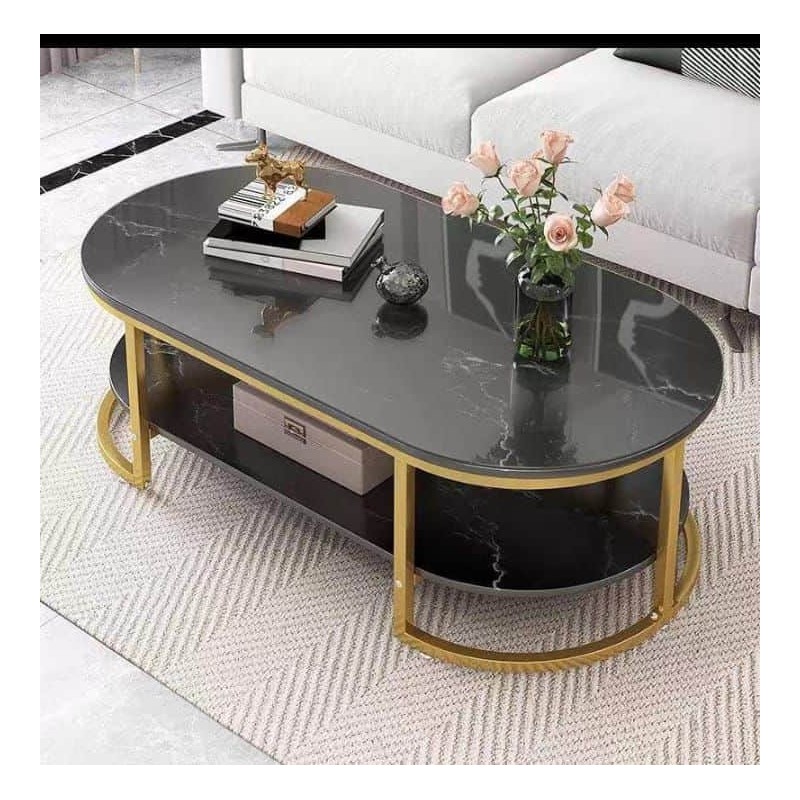 Table Basse Design Luxe Ovale – Effet Marbre Noir, Métal Doré et Rangement Intégré
