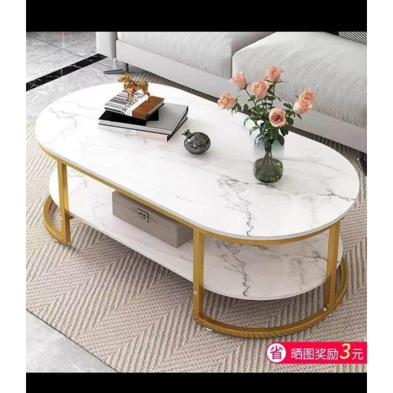 Table Basse Design Luxe Ovale – Effet Marbre Noir, Métal Doré et Rangement Intégré