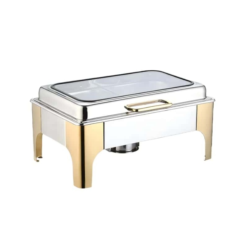 Chafing Dish Rectangulaire Doré et Argenté en Acier Inoxydable avec Couvercle en Verre