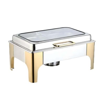 Chafing Dish Rectangulaire Doré et Argenté en Acier Inoxydable avec Couvercle en Verre