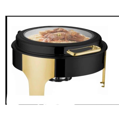 Chafing dish Rond de Luxe Noir et Doré en Acier Inoxydable avec Couvercle en Verre