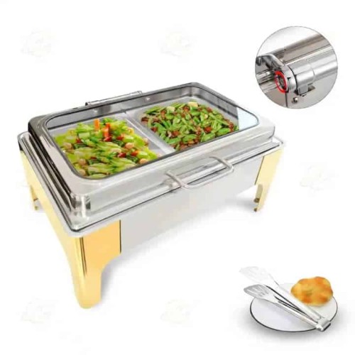 Chafing Dish Rectangulaire Doré et Argenté en Acier Inoxydable avec Couvercle en Verre