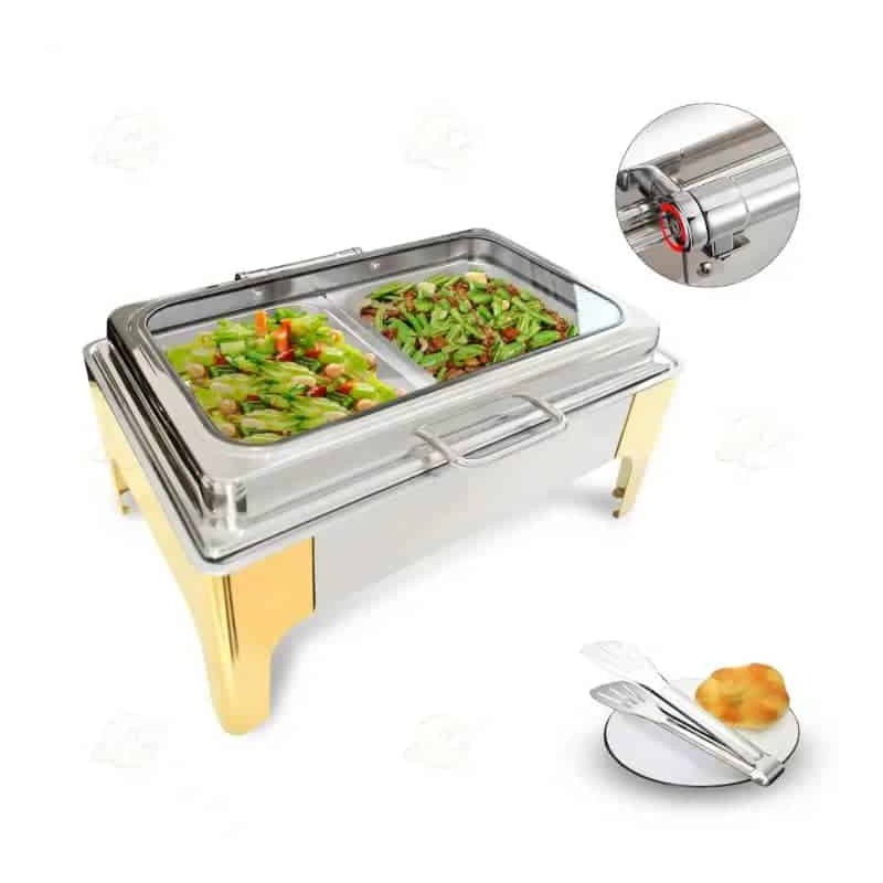 Chafing Dish Rectangulaire Doré et Argenté en Acier Inoxydable avec Couvercle en Verre