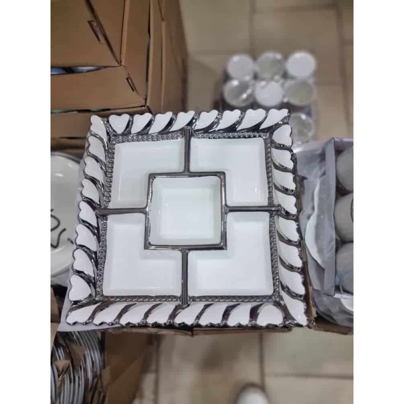 Plateau Apéritif Luxe en Porcelaine Blanche – 5 Compartiments
