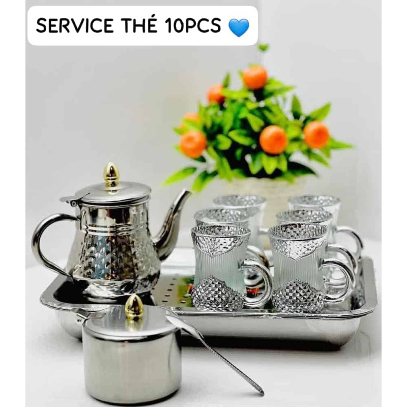 Service à Thé Élégant 10 Pièces en Acier Inoxydable et Verre