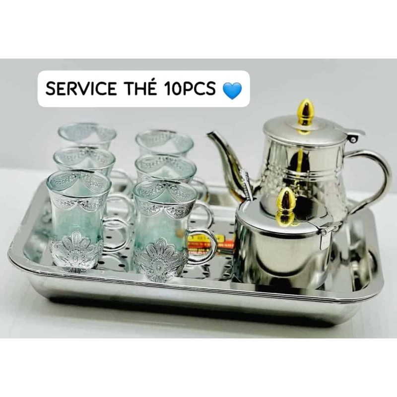 Service à Thé Élégant 10 Pièces en Acier Inoxydable et Verre