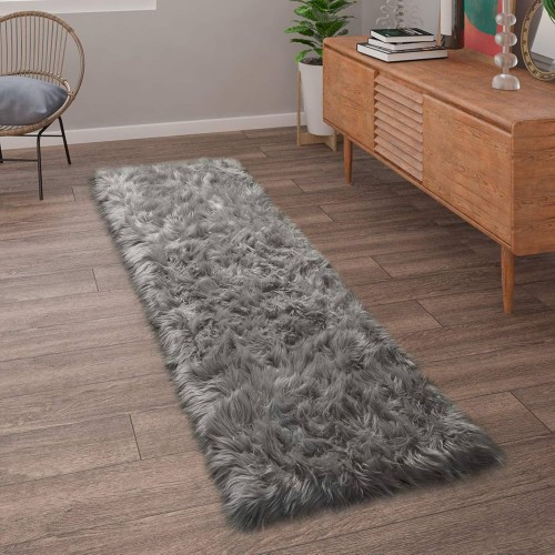 Tapis de passage en fausse fourrure grise 180×60 cm – Poils longs 2