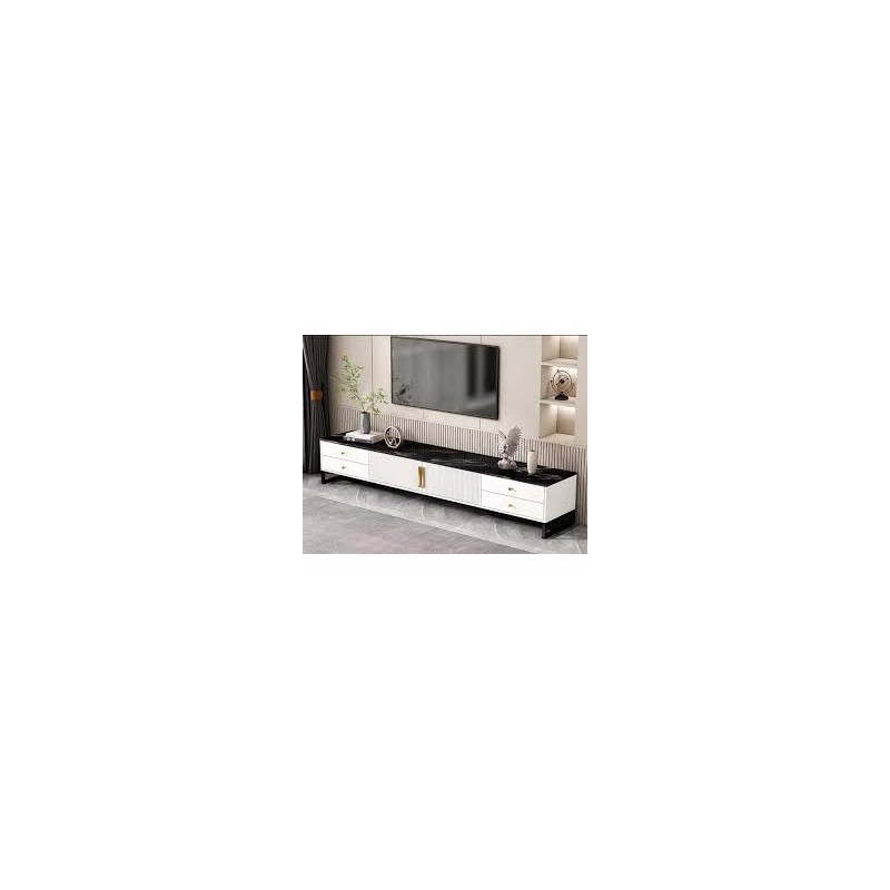 Meuble TV bas moderne 160 cm – Effet marbre noir, façades blanches et poignées dorées