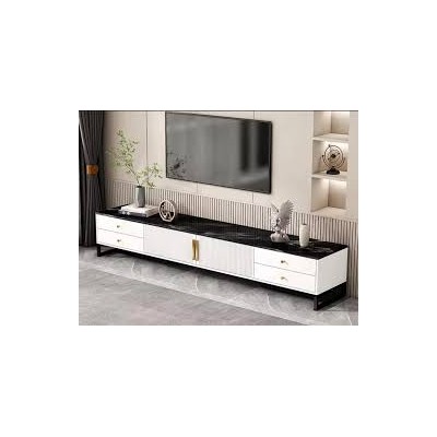 Meuble TV bas moderne 160 cm – Effet marbre noir, façades blanches et poignées dorées