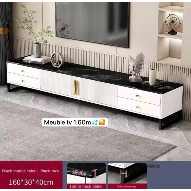 Meuble TV bas moderne 160 cm – Effet marbre noir, façades blanches et poignées dorées