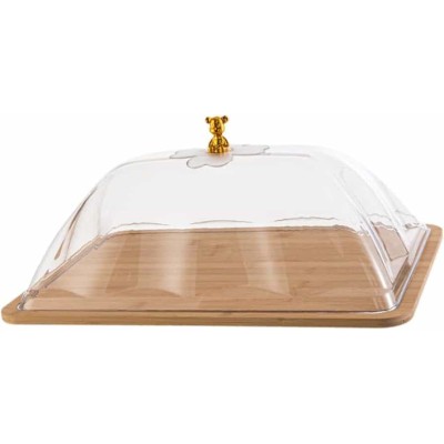 Garde-Pain Élégant en Bambou avec Cloche Transparente et Poignée Ours Doré
