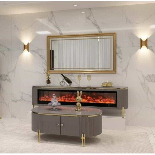 Meuble TV Moderne avec Cheminée Électrique et Table Basse – Finition & Accents Dorés 2