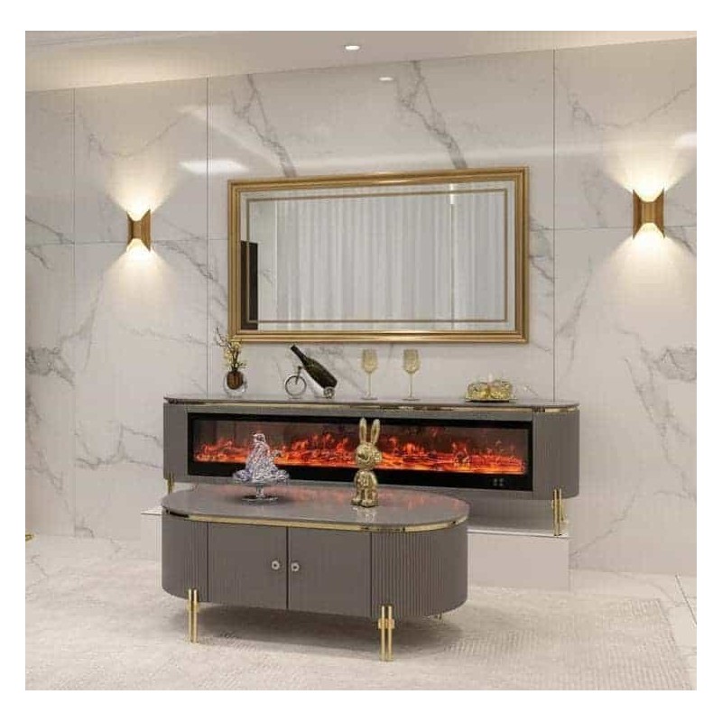 Meuble TV Moderne avec Cheminée Électrique et Table Basse – Finition & Accents Dorés