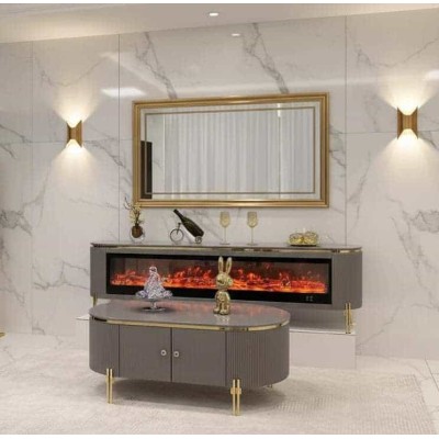 Meuble TV Moderne avec Cheminée Électrique et Table Basse – Finition & Accents Dorés