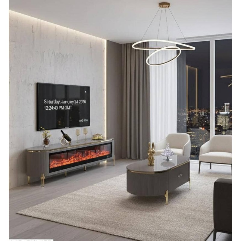 Meuble TV Moderne avec Cheminée Électrique et Table Basse – Finition & Accents Dorés