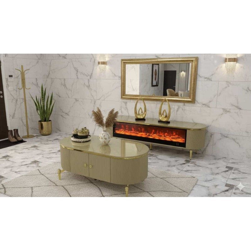 Meuble TV Moderne avec Cheminée Électrique et Table Basse – Finition & Accents Dorés