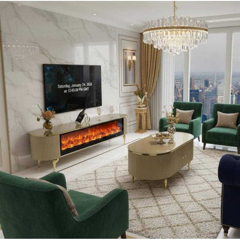 Meuble TV Moderne avec Cheminée Électrique et Table Basse – Finition & Accents Dorés