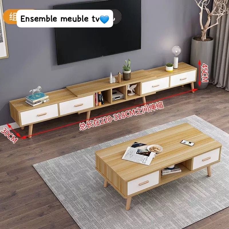 Meuble TV Extensible avec Table Basse Assortie – Style Scandinave