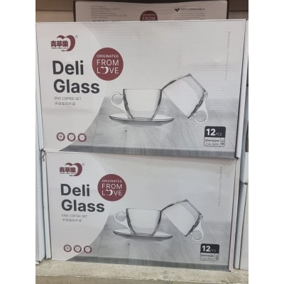 Service à Café et à Thé en Verre Transparent – 12 Pièces (6 Tasses + 6 Soucoupes)