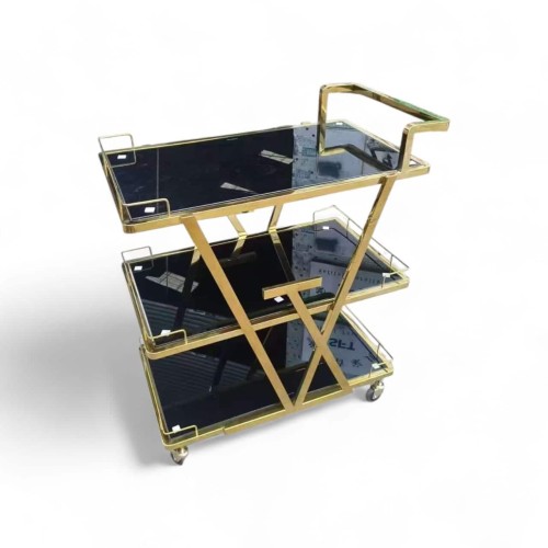 Chariot de Service Art Déco en Acier Doré et Verre Noir – 3 Niveaux 2