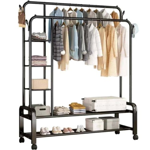 Penderie Métallique Mobile à Double Barre – Grande Capacité 88 kg avec Étagères